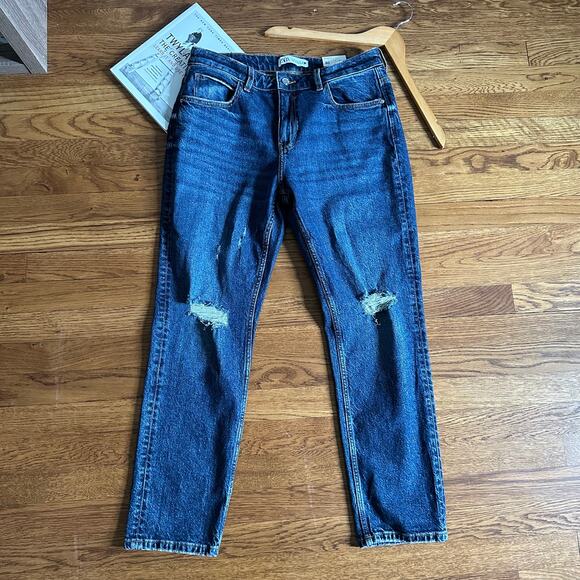 Zara Relaxed Fit Low Rise Ankle Length Distressed Straight Leg Jeans - Picture 1 of 7